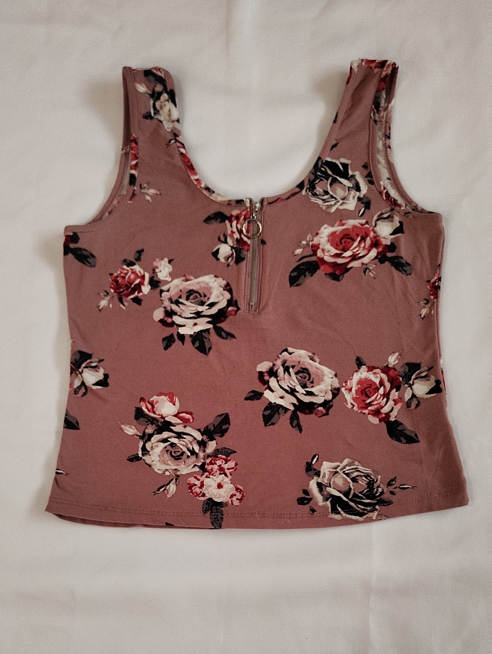 Orange Kiss Top Size L Rose Gold Sleeveless Zipper Accent Front Roses Pattern